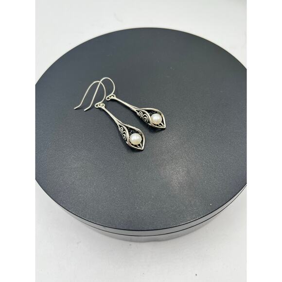 Sterling Silver .925 Calla Lily White Pearl Drop Dangle Pierced Earrings - Picture 7 of 11